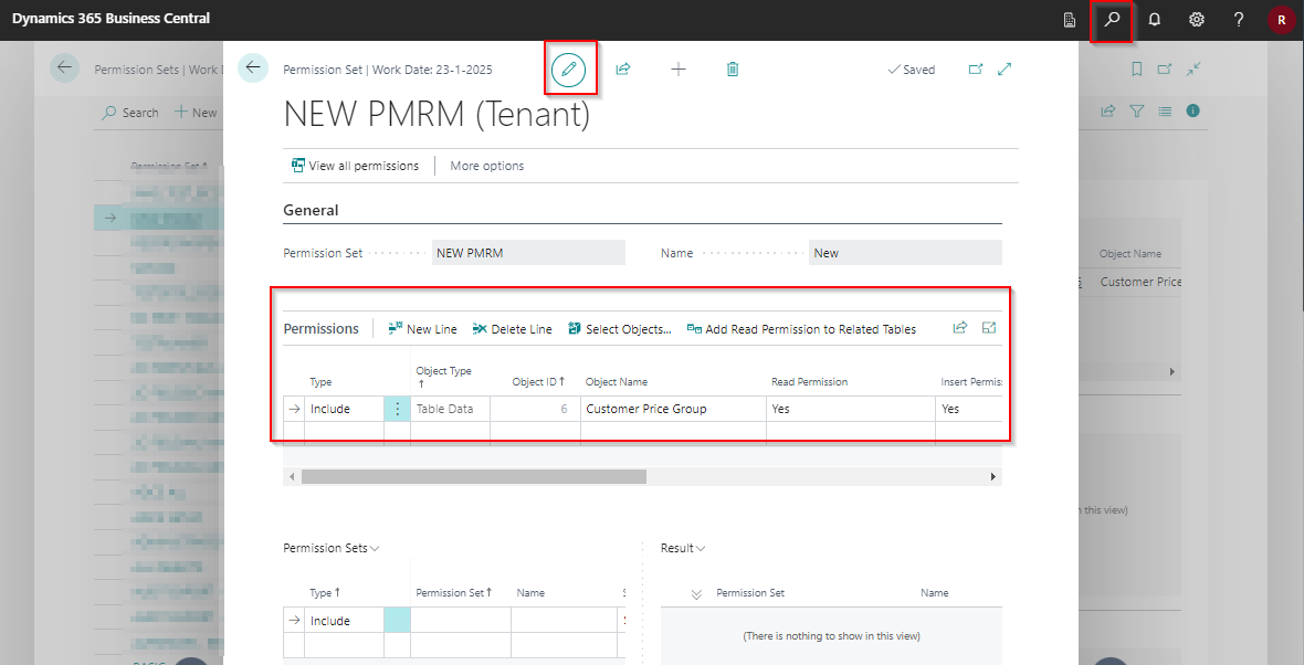 change permission set user defined